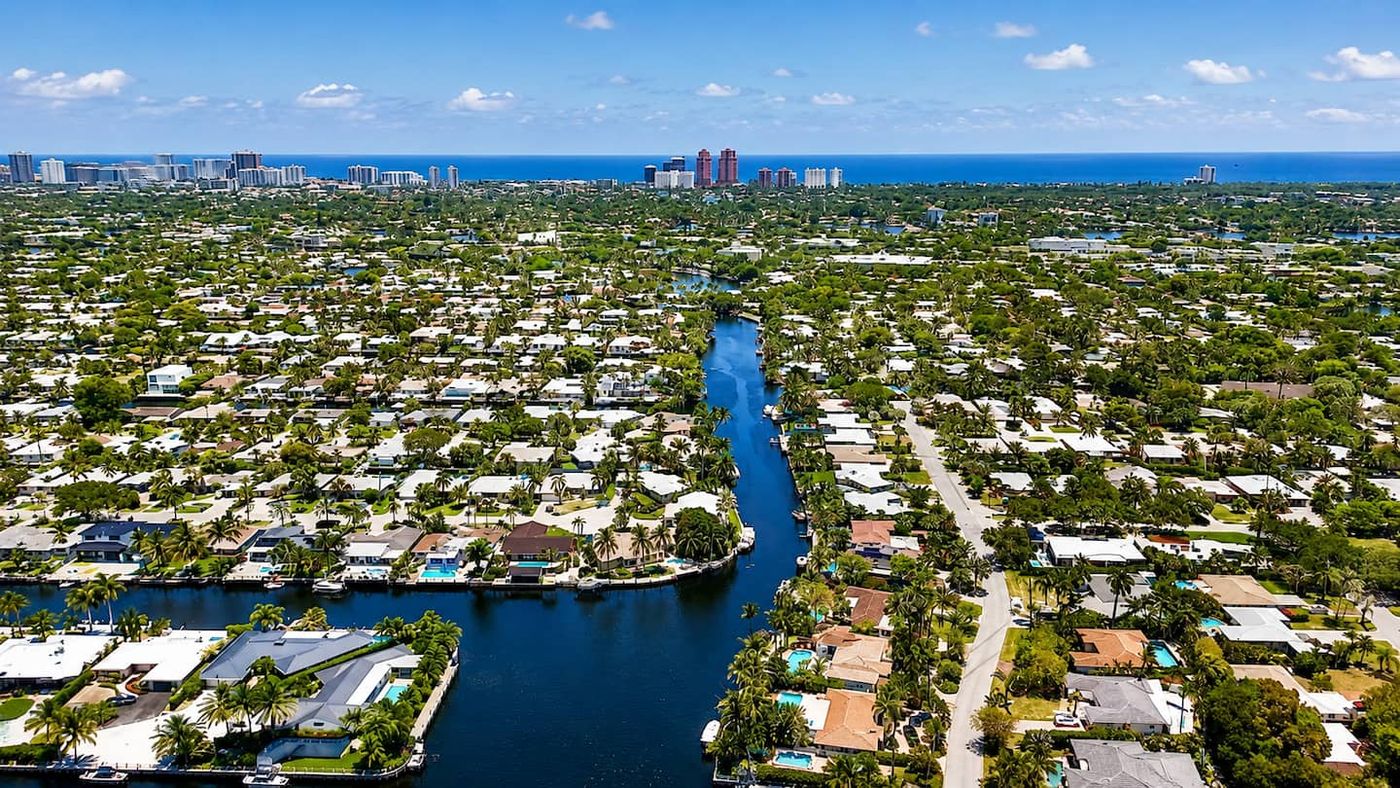 Aerial view of the Wilton Manors canals out to the Fort Lauderdale skyline and ocean