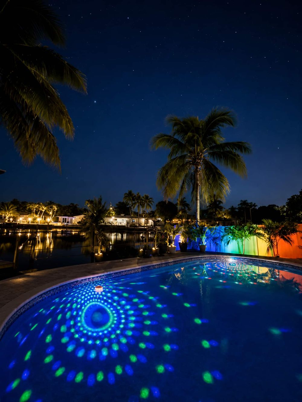 The pool lit up at night under the palms